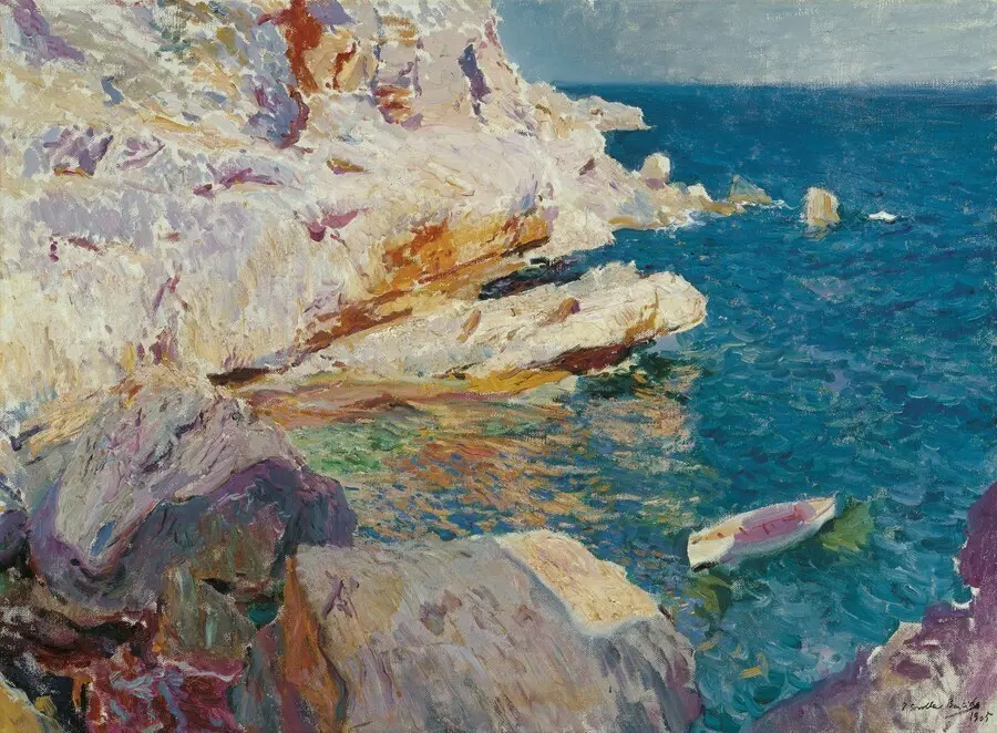 Joaqu&iacute;n Sorolla, Rocas de J&aacute;vea y el bote blanco, 1905. Colecci&oacute;n Carmen Thyssen-Bornemisza en pr&eacute;stamo gratuito al Museo Carmen Thyssen M&aacute;laga