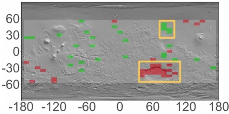 Mapa de Marte con topograf&iacute;a superpuesta que indica &aacute;reas con variaciones estacionales significativas en el contenido de hidr&oacute;geno