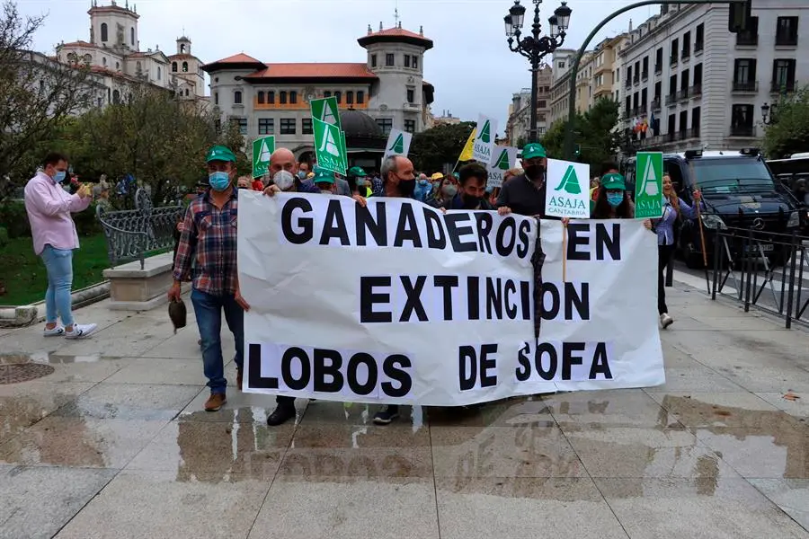 Manifestaci&oacute;n de los ganaderos c&aacute;ntabros que tiene lugar este lunes en los Jardines de Pereda, coincidiendo con la visita a Santander del presidente del Gobierno, Pedro S&aacute;nchez, al que piden que se retire la nueva protecci&oacute;n del lobo ib&eacute;rico. EFE/Celia Ag&uuml;ero Pereda