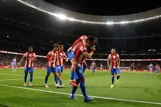 Luis Suarez of Atletico de Madrid celebrates a goal with teammates during the spanish league, La Liga Santander, football match played between Atletico de Madrid and FC Barcelona at Wanda Metropolitano stadium on October 02, 2021, in Madrid, Spain.