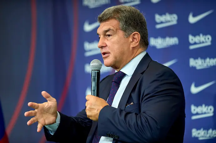 09 September 2021, Spain, Barcelona: Barcelona President Joan Laporta speaks during a press conference with Dutch striker Luuk De Jong (not pictured) at the Camp Nou after the latter joined Barcelona on loan from Sevilla. Photo: Gerard Franco/DAX via ZUMA Press Wire/dpa
Gerard Franco / DAX via ZUMA Press /  DPA
9/9/2021 ONLY FOR USE IN SPAIN