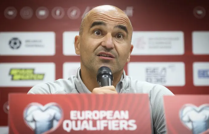 07 September 2021, Russia, Kazan: Belgium head coach Roberto Martinez attends a press conference of Belgian national soccer team ahead of tomorrow's FIFA 2022 World Cup European Qualifier Group E soccer match against Belarus. Photo: Virginie Lefour/BELGA/dpa
7/9/2021 ONLY FOR USE IN SPAIN