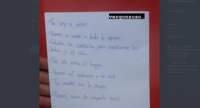 Vista de las notas tomadas por la jugadora con los insultos que recibi&oacute; por las redes sociales.