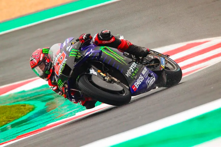 French MotoGP rider Fabio Quartararo of Yamaha Factory Racing in action during the third free practice session for the Motorcycling Grand Prix of Italy and Emilia-Romagna at Misano World Circuit 'Marco Simoncelli' at Misano Adriatico, Rivieria di Rimini, Italy, 23 October 2021. The Motorcycling Grand Prix of Italy and Emilia-Romagna takes place on 24 October 2021. (Motociclismo, Ciclismo, Italia) EFE/EPA/DAVIDE GENNARI