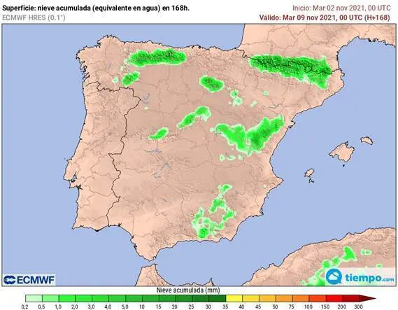 Nieve acumulada prevista hasta el pr&oacute;ximo martes.