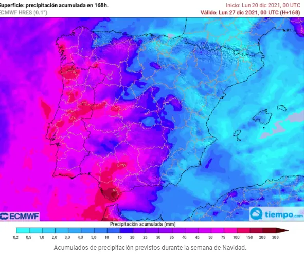 Acumulados de precipitaci&oacute;n previstos durante la semana de Navidad.