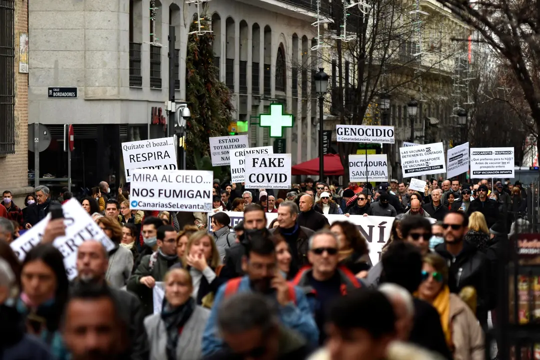 Manifestaci&oacute;n de los negacionistas por el centro de Madrid este fin de semana. / Zubelzu