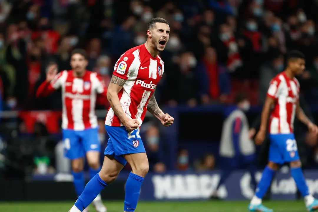 Mario Hermoso of Atletico de Madrid celebrates a goal during the Spanish League, La Liga Santander, football match played between Atletico de Madrid and Getafe CF at Wanda Metropolitano stadium on February 12, 2022, in Madrid, Spain.