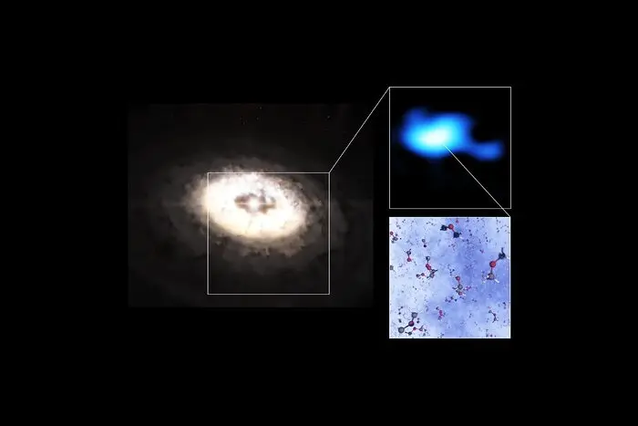 This composite image features an artistic impression of the planet-forming disc around the IRS 48 star, also known as Oph-IRS 48. The disc contains a cashew-nut-shaped region in its southern part, which traps millimetre-sized dust grains that can come together and grow into kilometre-sized objects like comets, asteroids and potentially even planets. Recent observations with the Atacama Large Millimeter/submillimeter Array (ALMA)&nbsp;spotted several complex organic molecules in this region, including dimethyl ether,&nbsp;the largest molecule found in a planet-forming disc to date. The emission signaling the presence of this molecule (real observations shown in&nbsp;blue) is clearly stronger in the disc&rsquo;s dust trap. A model of the molecule is also shown in this composite.