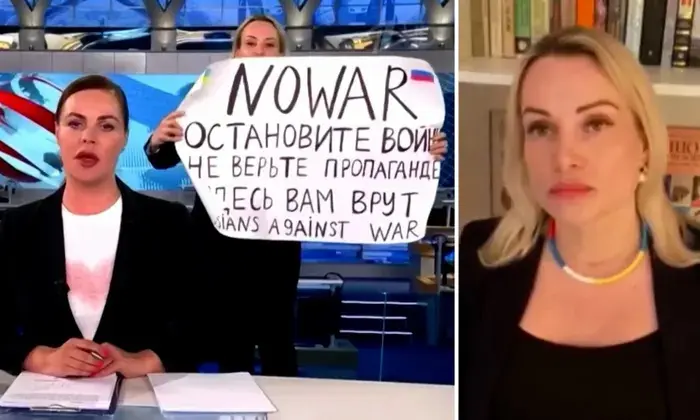 Difundo propaganda del Kremlin': declaraci&oacute;n pregrabada de un manifestante de noticias de la televisi&oacute;n rusa.