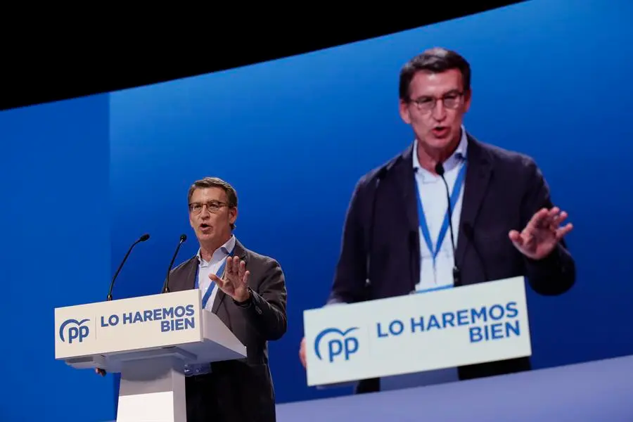 El presidente de Galicia, Alberto N&uacute;&ntilde;ez Feij&oacute;o, interviene durante el XX Congreso Nacional del partido en Sevilla que comienza este viernes y que elegir&aacute; por aclamaci&oacute;n a su nuevo presidente. EFE/ Julio Mu&ntilde;oz