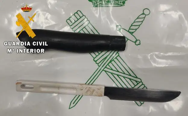 Dos cuchillos, uno sin hoja, intervenidos en el domicilio del presunto agresor. / OPC