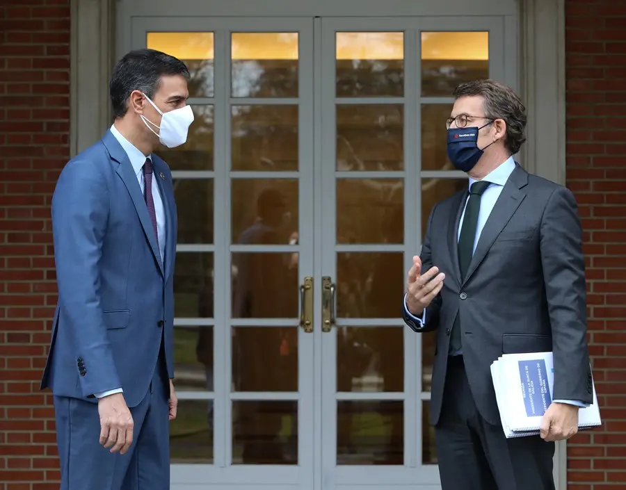 El presidente del Gobierno, Pedro S&aacute;nchez (i), recibe al presidente de la Xunta de Galicia, Alberto N&uacute;&ntilde;ez Feij&oacute;o, en una reuni&oacute;n convocada en el Palacio de la Moncloa, Madrid, (Espa&ntilde;a), a 29 de enero de 2021.