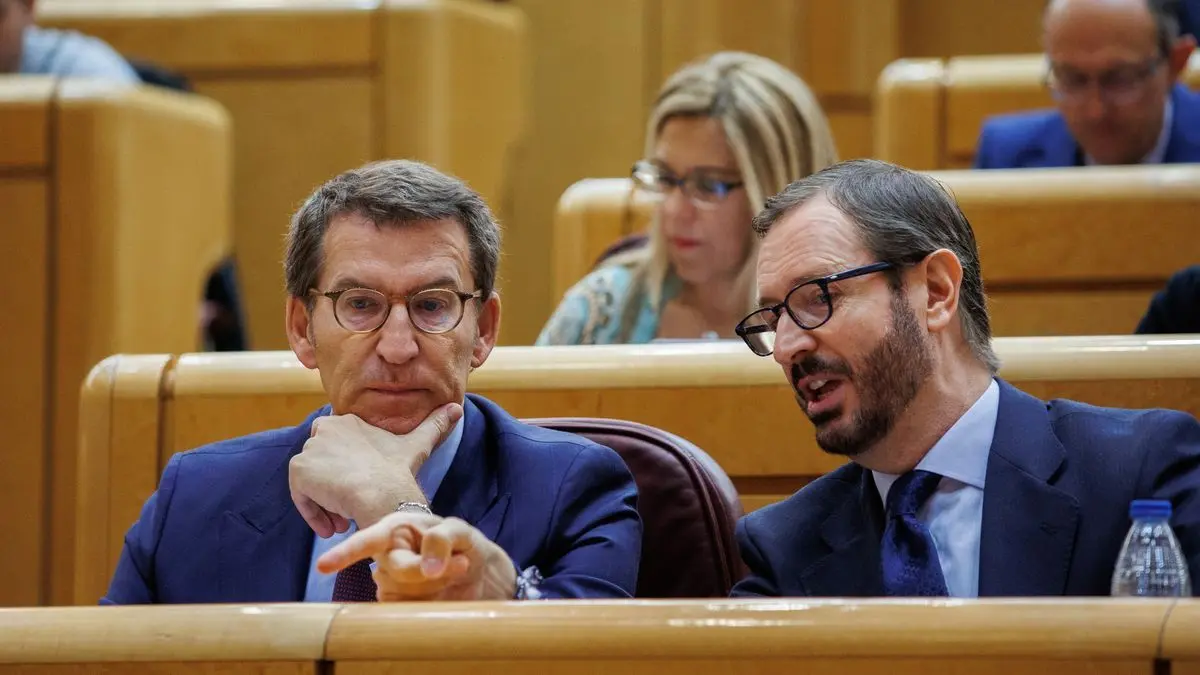 El presidente del PP, Alberto N&uacute;&ntilde;ez Feij&oacute;o, y el portavoz del PP en el Senado, Javier Maroto, conversan tras la toma de posesi&oacute;n del l&iacute;der de la oposici&oacute;n. Alejandro Mart&iacute;nez V&eacute;lez - Europa