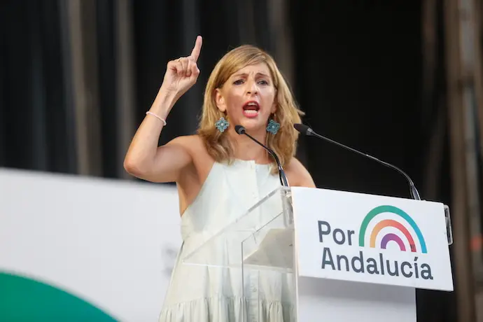 La vicepresidenta segunda y l&iacute;der de Unidas Podemos en el Gobierno, Yolanda D&iacute;az, en el acto electoral de campa&ntilde;a. Rafael Madero / Europa Press