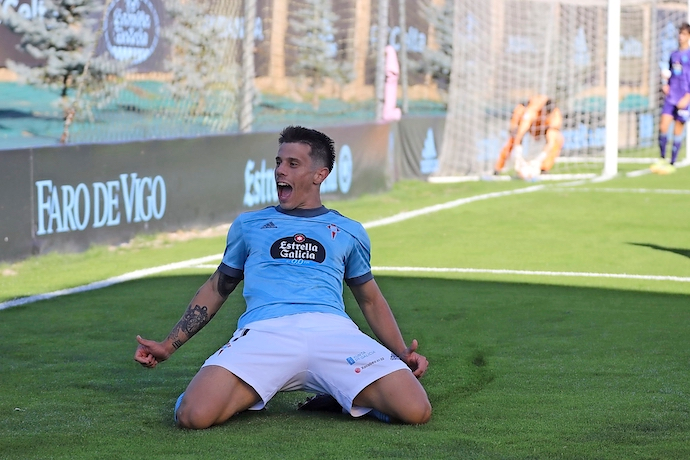 Alfon, celebrando uno de los ocho goles que ha marcado esta temporada con el Celta B. / rc celta