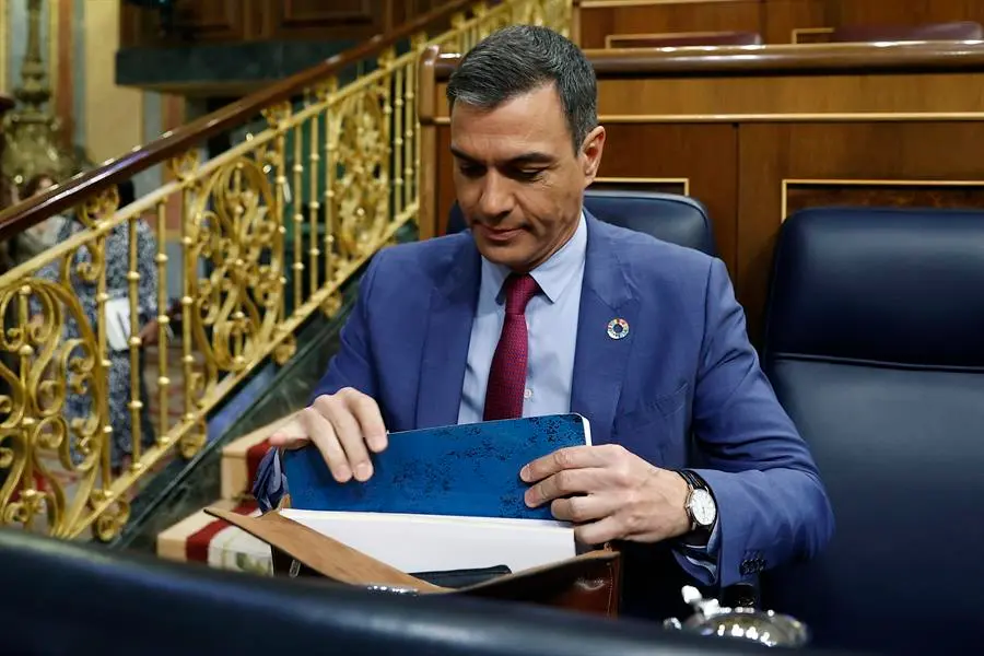 El presidente del Gobierno, Pedro S&aacute;nchez, durante la segunda jornada del debate sobre el Estado de la Naci&oacute;n este mi&eacute;rcoles en el Congreso. EFE/Chema Moya
