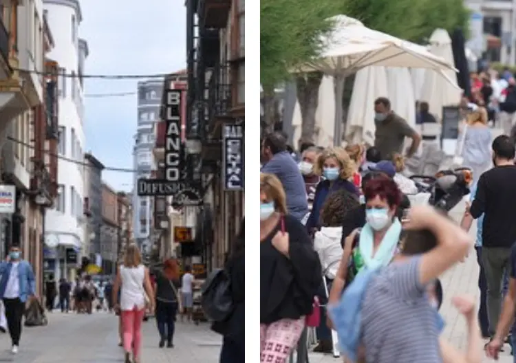 A la izquierda, varias personas en la calle Consolaci&oacute;n de Torrelavega y a la derecha turistas en Castro Urdiales. / ALERTA