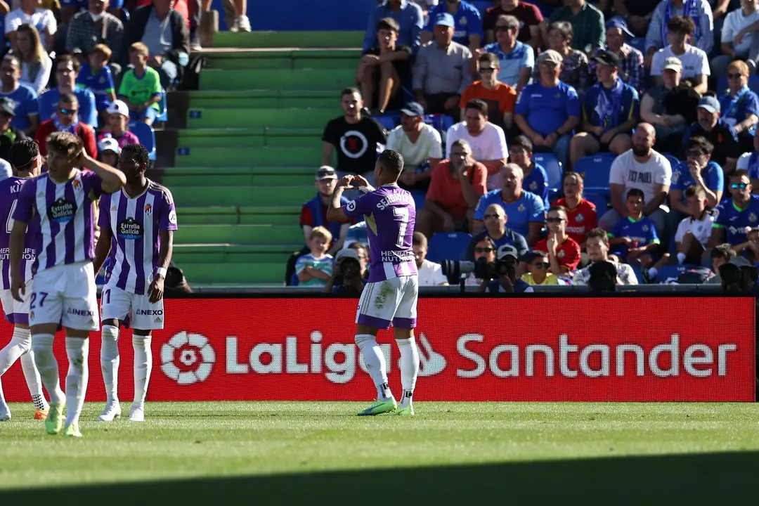 Sergio Leon of Real Valladolid celebrates a goal during the spanish league, La Liga Santander, football match played between Getafe CF and Real Valladolid at Coliseum Alfonso Perez stadium on October 01, 2022, in Getafe, Madrid, Spain.