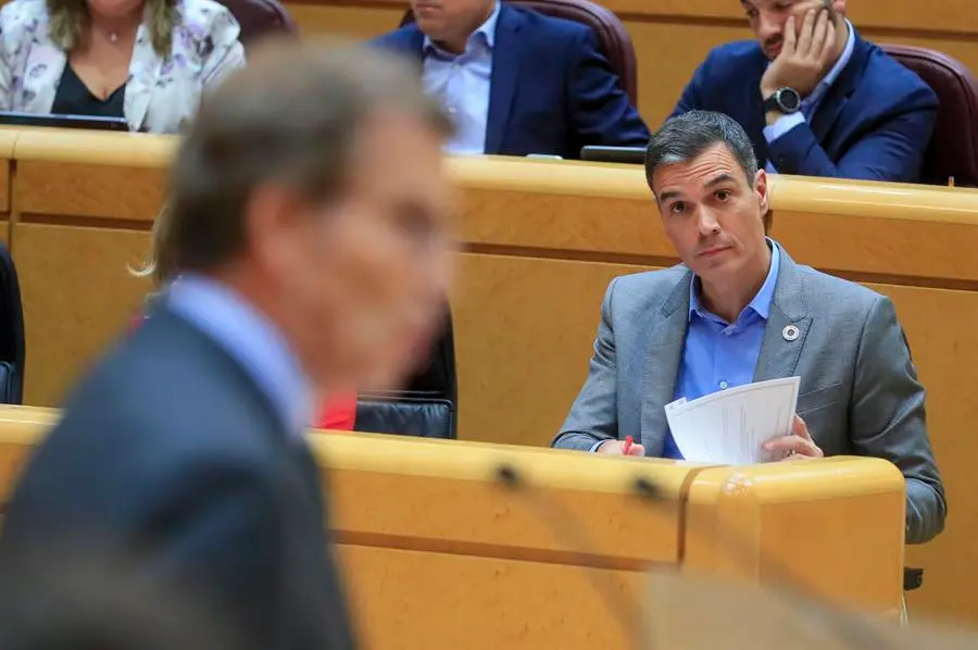El presidente del Gobierno, Pedro S&aacute;nchez, escucha la intervenci&oacute;n del l&iacute;der del PP, Alberto N&uacute;&ntilde;ez Feij&oacute;o (i)durante el pleno del Senado, donde S&aacute;nchez ha comparecido para informar de las &uacute;ltimas medidas econ&oacute;micas y fiscales del Ejecutivo y el papel de las comunidades aut&oacute;nomas en su aplicaci&oacute;n, este martes en Madrid. EFE/ Fernando Alvarado