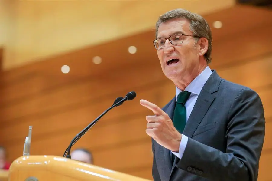 El l&iacute;der del PP, Alberto N&uacute;&ntilde;ez Feij&oacute;o, comparece en el pleno del Senado, donde el presidente del Gobierno, Pedro S&aacute;nchez, inform&oacute; de las &uacute;ltimas medidas econ&oacute;micas y fiscales del Ejecutivo y el papel de las comunidades aut&oacute;nomas en su aplicaci&oacute;n, este martes en Madrid. EFE/ Fernando Alvarado