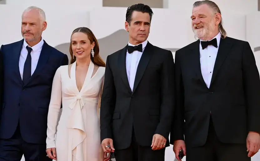 (i-d) El director brit&aacute;nico Martin McDonagh, junto a los actores Kerry Condon, Colin Farrell y Brendan Gleeson, del filme 'The Banshees of Inisherin', en una fotograf&iacute;a de archivo. EFE/Ettore Ferrari