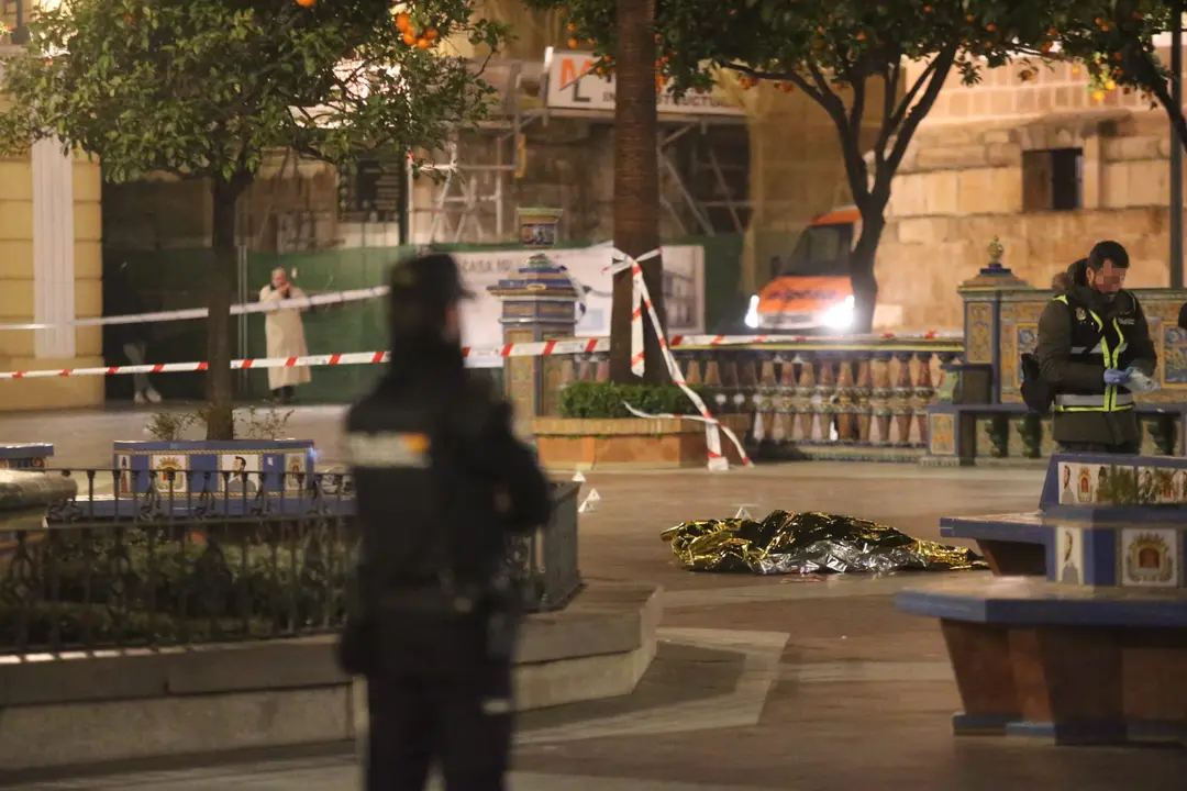 Efectivos sanitarios y policiales cubren el cad&aacute;ver del sacrist&aacute;n fallecido en un ataque a diferentes iglesias el pasado mi&eacute;rcoles. E.P. / Nono Rico