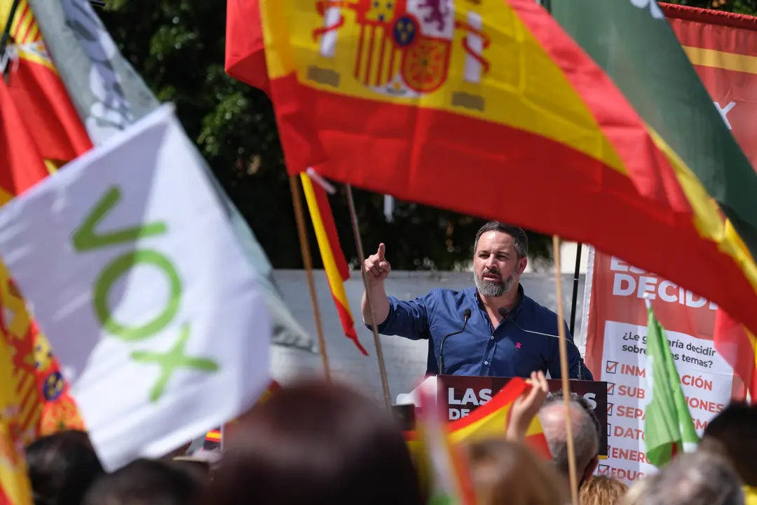 El presidente de Vox, Santiago Abascal en su intervenci&oacute;n. /&Aacute;ngel Medina G.