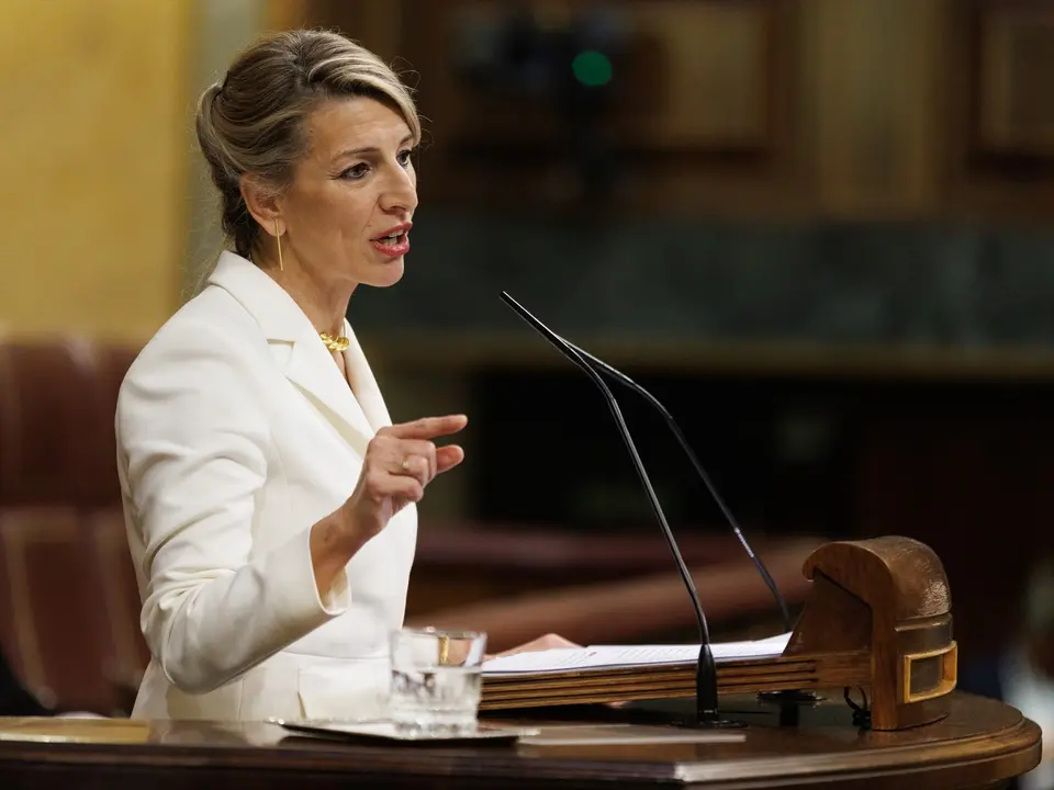La vicepresidenta segunda y ministra de Trabajo y Econom&iacute;a Social, Yolanda D&iacute;az, interviene durante un debate de la moci&oacute;n de censura. EP / Eduardo Parra