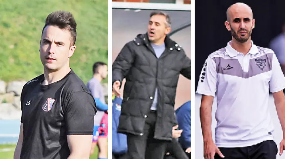 El entrenador del Castro, Jos&eacute; Antonio G&uuml;emes, el del del Vimenor, Jes&uacute;s Antonio L&oacute;pez &lsquo;Arteche&rsquo; y el m&iacute;ster del Cartes, Andr&eacute;s Revuelta. / FCF