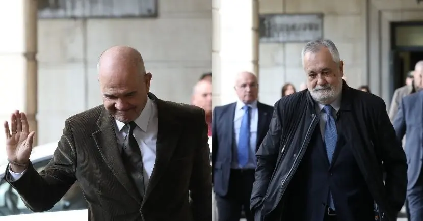 Los expresidentes de la Junta de Andaluc&iacute;a Manuel Chaves y Jos&eacute; Antonio Gri&ntilde;&aacute;n llegan a la Audiencia de Sevilla por el caso de los ERE. EP
