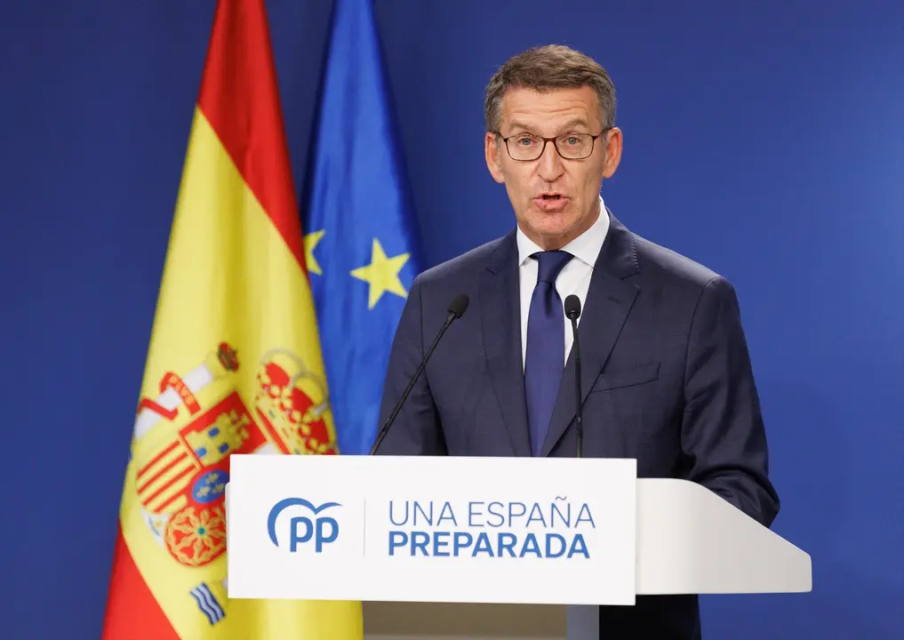 El presidente del PP, Alberto N&uacute;&ntilde;ez Feij&oacute;o, durante una rueda de prensa en la sede nacional del Partido Popular. EP / Eduardo Parra