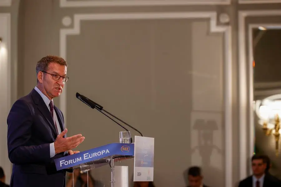 El presidente del PP, Alberto N&uacute;&ntilde;ez Feij&oacute;o, da un discurso mientras protagoniza un desayuno informativo organizado por Nueva Econom&iacute;a F&oacute;rum. EFE / Javier Liz&oacute;n