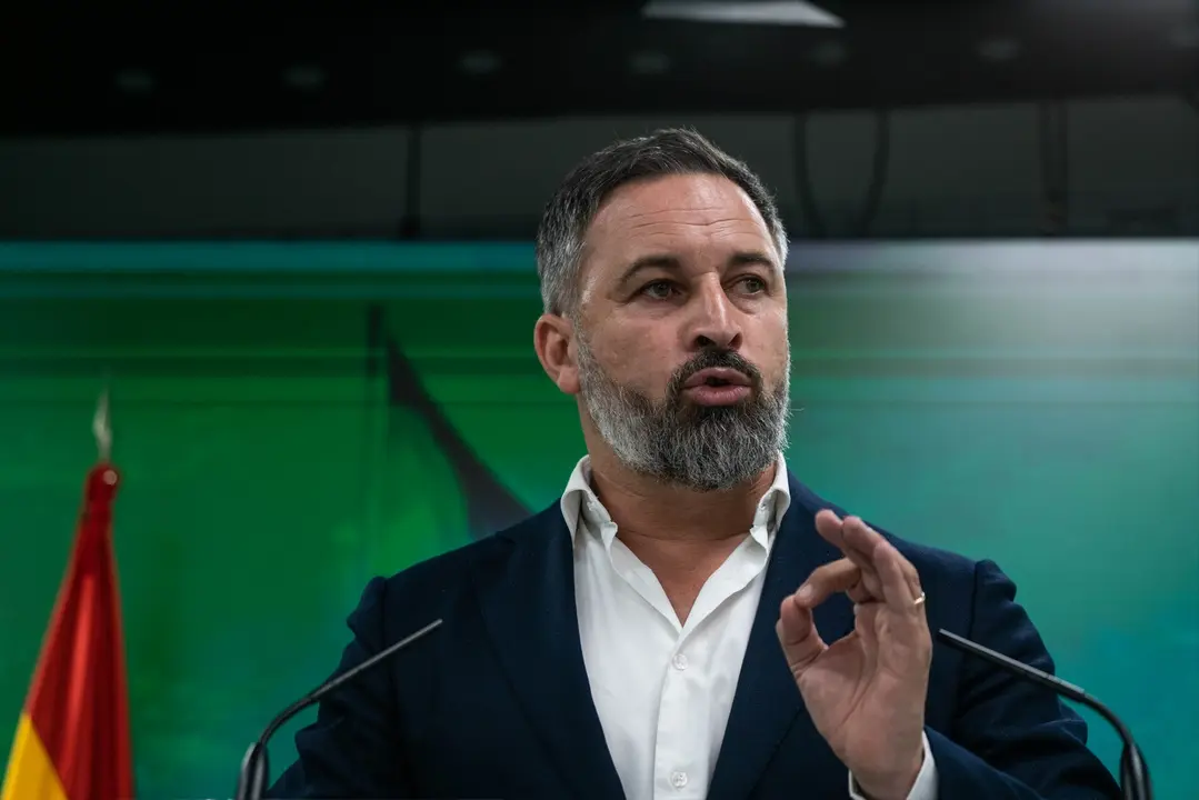 El l&iacute;der de VOX, Santiago Abascal, durante una rueda de prensa. EP / Matias Chiofalo
