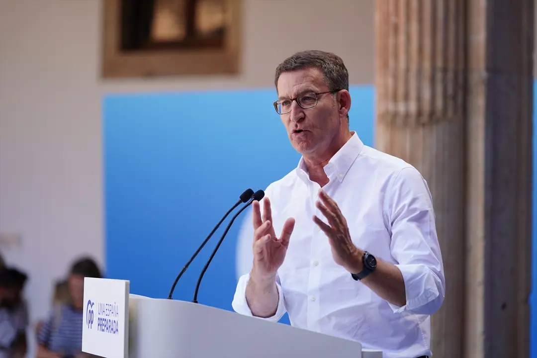 El presidente del Partido Popular, Alberto N&uacute;&ntilde;ez Feij&oacute;o, interviene en un acto con militantes del PP. EP / Manuel Laya