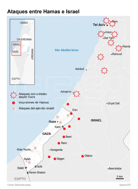 Los duros bombardeos israel&iacute;es sobre Gaza, m&aacute;s de 3.000 cohetes lanzados de la Franja a Israel, combates contra milicias palestinas que a&uacute;n controlan zonas israel&iacute;es y decenas de rehenes israel&iacute;es capturados marcan la guerra que estall&oacute; hoy.