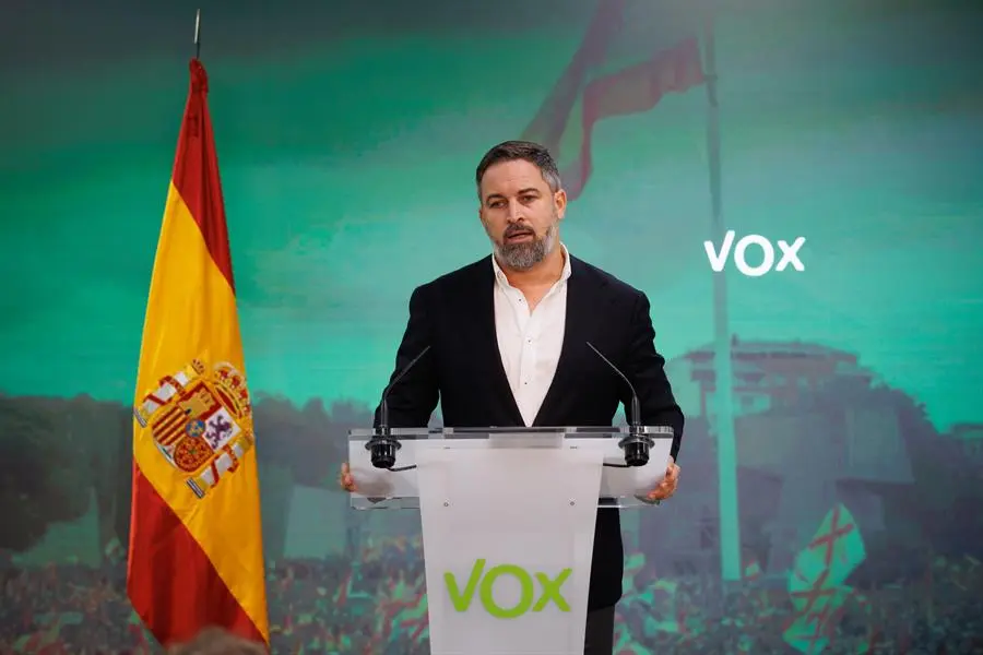 El l&iacute;der de Vox, Santiago Abascal, durante la rueda de prensa ofrecida tras la reuni&oacute;n del Comite de Acci&oacute;n Pol&iacute;tica- EFE / Zipi