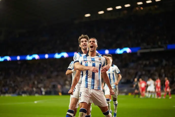 Mikel Merino of Real Sociedad reacts after scoring goal during the UEFA Champions League match between Real Sociedad and SL Benfica at Reale Arena on November 8, 2023, in San Sebastian, Spain.
Ricardo Larreina / AFP7 / Europa Press
08/11/2023 ONLY FOR USE IN SPAIN