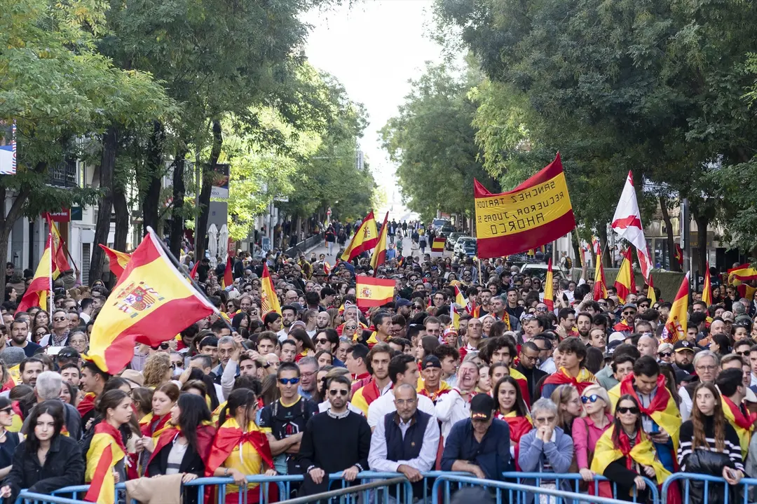 Cientos de personas durante una manifestaci&oacute;n contra la amnist&iacute;a, frente a la sede del PSOE. EP / A. P&eacute;rez Meca