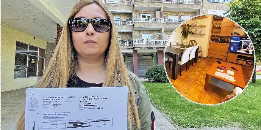 Elina posa con una sentencia judicial frente al edificio donde se encuentra el piso okupado. En detalle, arriba, el interior de la vivienda. / ALERTA
