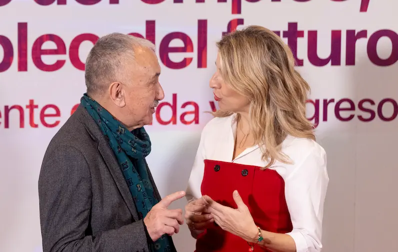 El secretario general de UGT, Pepe &Aacute;lvarez, y la vicepresidenta segunda del Gobierno y ministra de Trabajo y Econom&iacute;a Social, Yolanda D&iacute;az, durante la clausura de unas jornadas sobre el futuro del empleo, en la sede de UGT, a 19 de enero de 2024, en Madrid (Espa&ntilde;a). Organizadas por la Vicesecretar&iacute;a General de Pol&iacute;tica Sindical y la Secretar&iacute;a de Pol&iacute;tica Institucional y Pol&iacute;ticas Territoriales de UGT, las jornadas se han desarrollado bajo el t&iacute;tulo 'El futuro del empleo, el empleo con futuro'.
Fecha: 19/01/2024. leer menos

Firma: Eduardo Parra / Europa Press