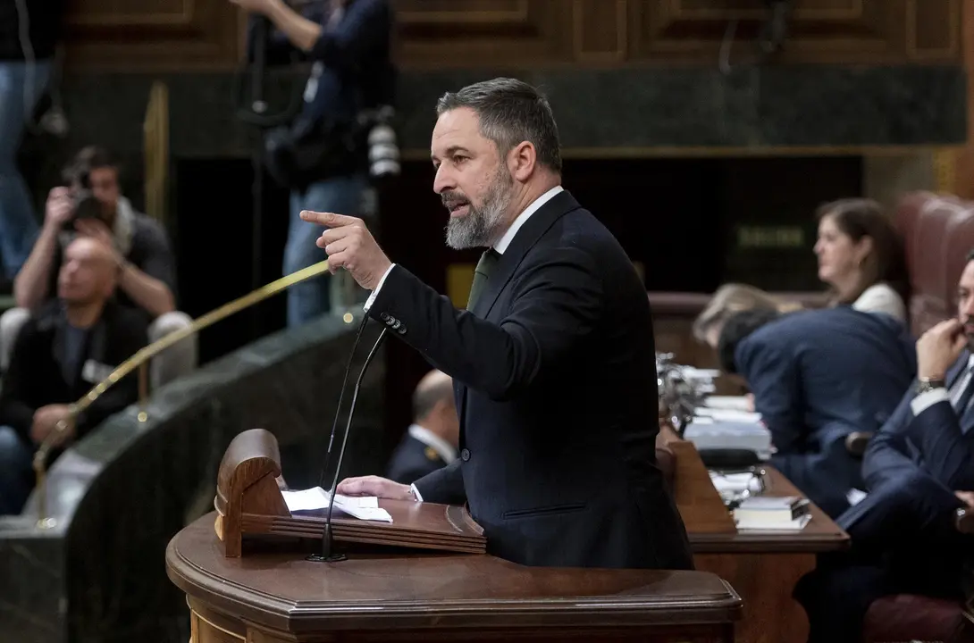 El l&iacute;der de Vox, Santiago Abascal, interviene durante una sesi&oacute;n plenaria. EP / Alberto Ortega