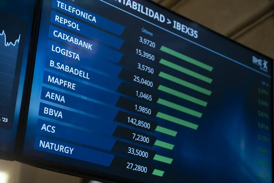Valores econ&oacute;micos en paneles en el Palacio de la Bolsa. EP / A. P&eacute;rez Meca