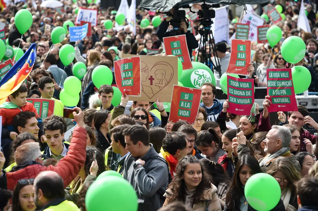 Decenas de personas protestan con carteles durante la marcha por la vida. EP / Gustavo Valiente
