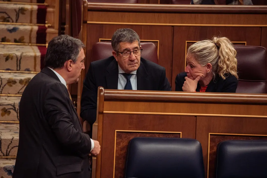 El portavoz del EAJ-PNV, Aitor Esteban (i) y el portavoz del PSOE en el Congreso, Patxi L&oacute;pez (c), durante una sesi&oacute;n plenaria. EP / Gabriel Luengas / Archivo