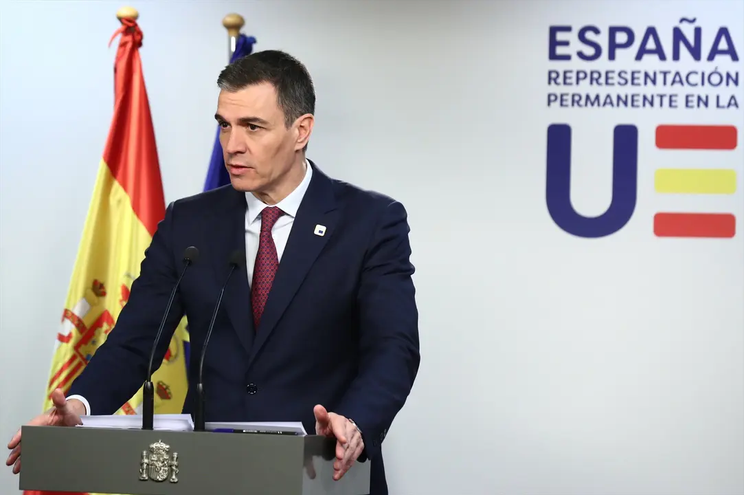 El presidente del Gobierno, Pedro S&aacute;nchez, en rueda de prensa al t&eacute;rmino del Consejo Europeo en Bruselas. EP