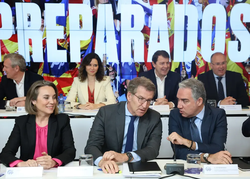 El presidente del PP, Alberto N&uacute;&ntilde;ez Feij&oacute;o (c y en primera fila, junto a presidentes auton&oacute;micos del PP en la segunda fila. Marta Fern&aacute;ndez / Archivo