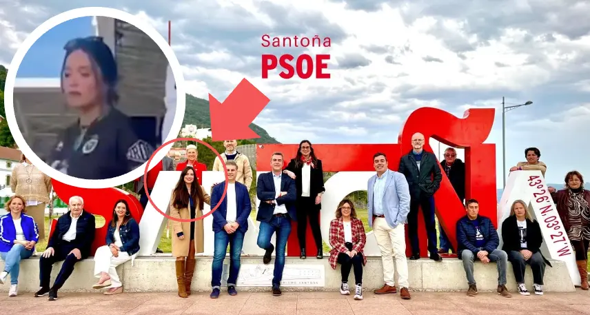 En c&iacute;rculo, la concejal de Santo&ntilde;a en el altercado del partido Burgos-Racing. Y de fondo su foto con todo el equipo del partido pol&iacute;tico.