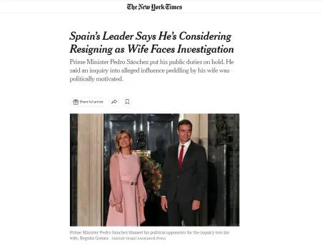 Noticia de Pedro Sánchez del medio estadounidense The New York Times. / Alerta