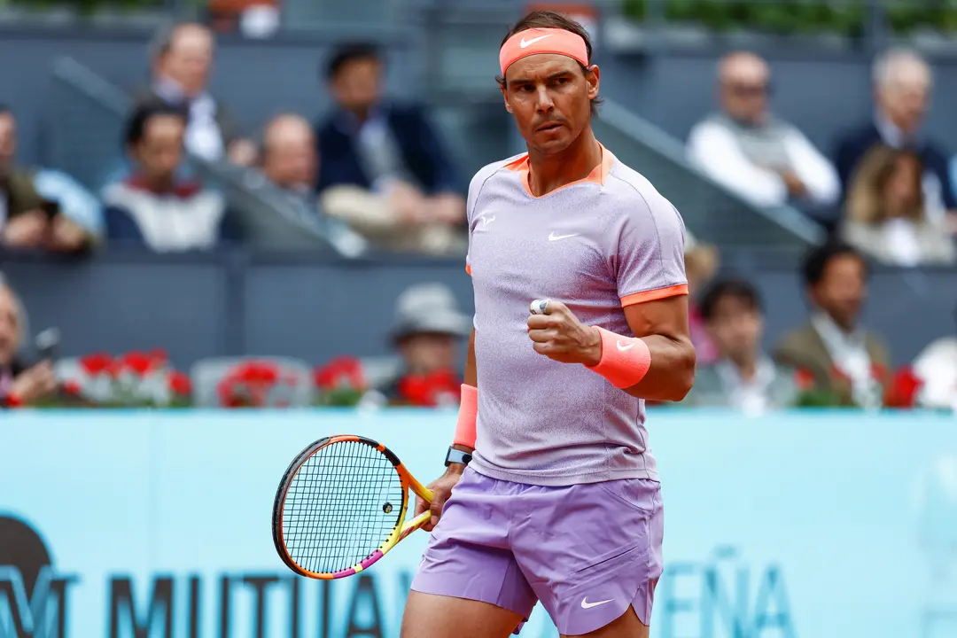 Rafa Nadal celebra un punto durante su debut en el Mutua Madrid Open 2024. / Irina R. Hipolito